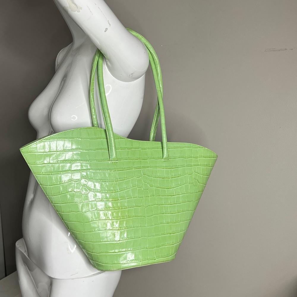 Little Liffner Tall Tulip Croc-embossed Light Green Chartreuse Leather Tote Bag